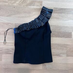 Worn once! Sunday in Brooklyn One-Shoulder Ruffled Faux Leather Black Top